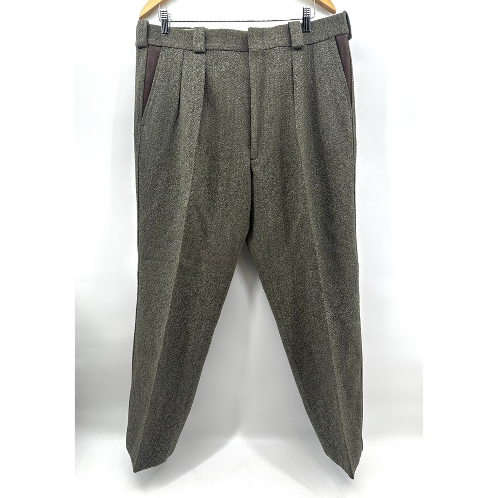 VTG Willis Geiger Outfitters Wool Pleated Pants SZ 38 Brown Leather Trim JJ11